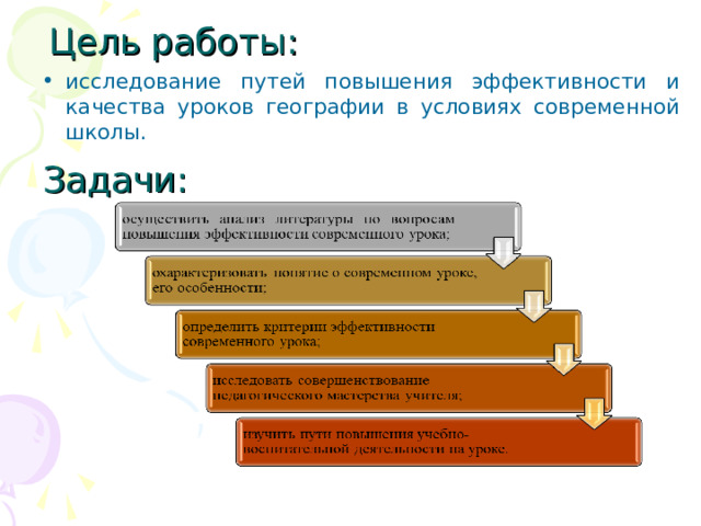 Цель работы: исследование путей повышения эффективности и качества уроков географии в условиях современной школы. Задачи: 