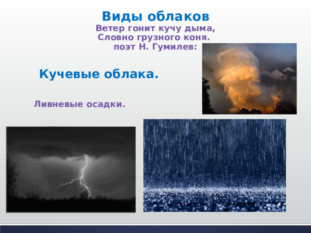 Виды облаков  Ветер гонит кучу дыма,  Словно грузного коня.  поэт Н. Гумилев: Кучевые облака.  Ливневые осадки. 
