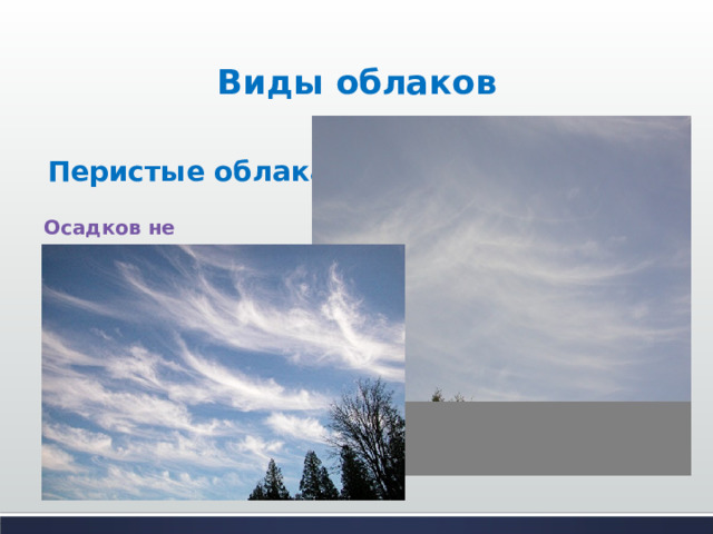 Виды облаков Перистые облака.  Осадков не выпадает. 