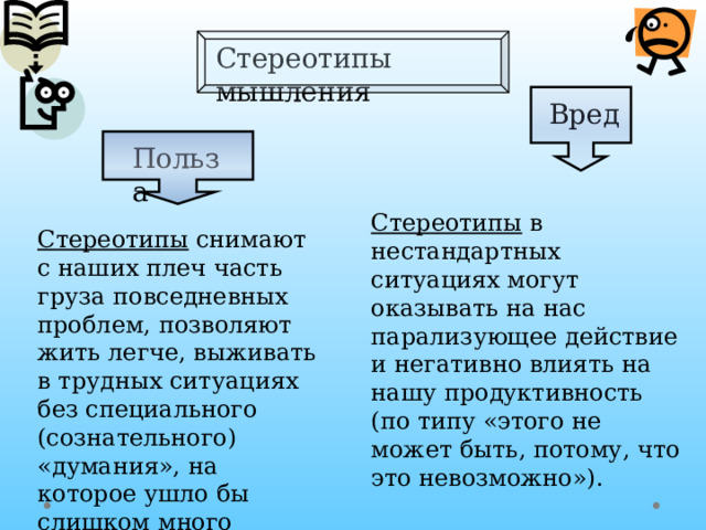 Стереотипы мышления Вред Польза Стереотипы в нестандартных ситуациях могут оказывать на нас парализующее действие и негативно влиять на нашу продуктивность (по типу «этого не может быть, потому, что это невозможно»). Стереотипы снимают с наших плеч часть груза повседневных проблем, позволяют жить легче, выживать в трудных ситуациях без специального (сознательного) «думания», на которое ушло бы слишком много драгоценного времени. 