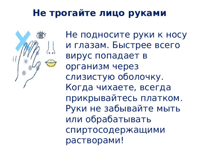 Не трогайте лицо руками   Не подносите руки к носу и глазам. Быстрее всего вирус попадает в организм через слизистую оболочку. Когда чихаете, всегда прикрывайтесь платком. Руки не забывайте мыть или обрабатывать спиртосодержащими растворами! 