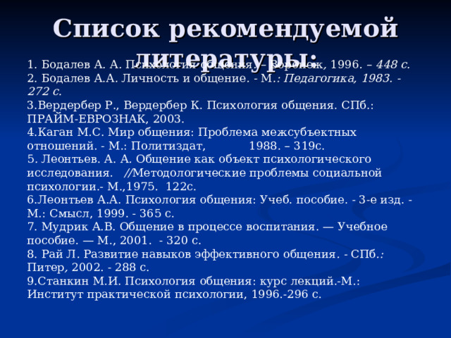 Список рекомендуемой литературы: 1. Бодалев А . А . Психология общения . – Воронеж , 1996 . – 448 с. 2. Бодалев А.А . Личность и общение . - М .: Педагогика, 1983. - 272 с. 3.Вердербер Р., Вердербер К. Психология общения. СПб.: ПРАЙМ-ЕВРОЗНАК, 2003. 4.Каган М.С. Мир общения: Проблема межсубъектных отношений. - М.: Политиздат, 1988. – 319с. 5 . Леонтьев. А. А . Общение как объект психологического исследования. // Методологические проблемы социальной психологии.- М.,1975. 122с. 6.Леонтьев А.А. Психология общения: Учеб. пособие. - 3-е изд. - М.: Смысл, 1999. - 365 с.  7. Мудрик А.В. Общение в процессе воспитания. — Учебное пособие. — М., 2001. - 320 с. 8. Рай Л . Развитие навыков эффективного общения . - СПб .: Питер , 2002. - 288 с. 9.Станкин М.И. Психология общения: курс лекций.-М.: Институт практической психологии, 1996.-296 с. 