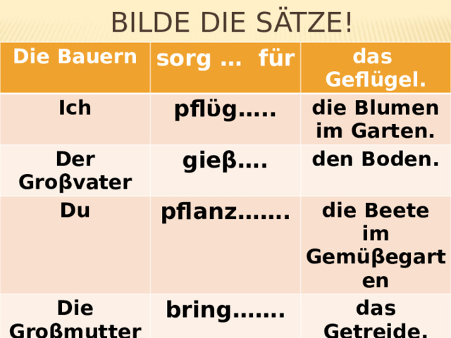 Bilde die Sätze! Die Bauern sorg … für Ich das Geflügel. pflϋg….. Der Groβvater die Blumen im Garten. gieβ…. Du Die Groβmutter pflanz……. den Boden. die Beete im Gemüβegarten bring……. Wir das Getreide. mach….. Die Kinder die Ernte ein. fütter….. die Haustiere. 