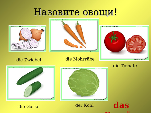 Назовите овощи! die Mohrr ü be die Zwiebel die Tomate das Gem ü se der Kohl die Gurke 