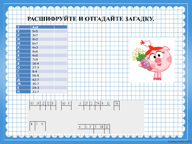 Т 4х8 У   5х5 Р   3х7 И М   9х2   6х7 К   4х3 А   9х6 Я   4х0 Н В 7х9     16:4 О   27:3 Г   8:4 С   56:8 Д Ж 42:7     35:7 Е   24:3 П   21:7   