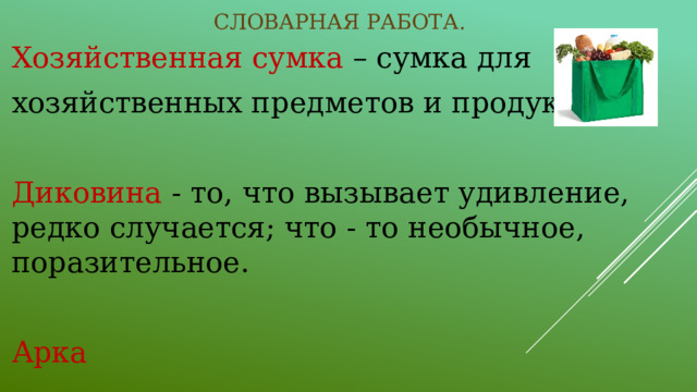 Словарная работа. Хозяйственная сумка – сумка для хозяйственных предметов и продуктов. Диковина - то, что вызывает удивление, редко случается; что - то необычное, поразительное.  Арка   