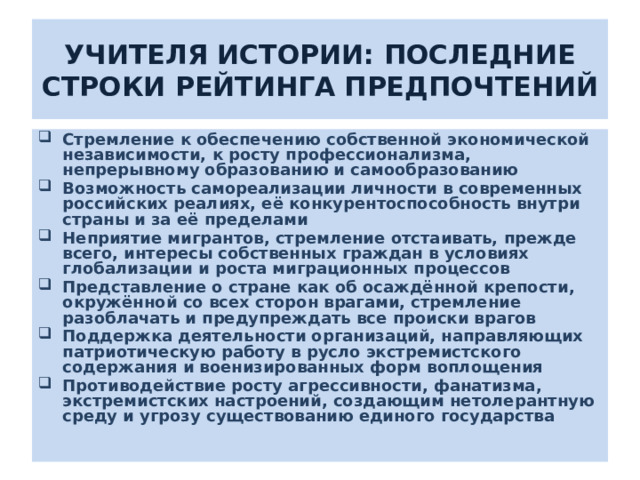 УЧИТЕЛЯ ИСТОРИИ: ПОСЛЕДНИЕ СТРОКИ РЕЙТИНГА ПРЕДПОЧТЕНИЙ Стремление к обеспечению собственной экономической независимости, к росту профессионализма, непрерывному образованию и самообразованию Возможность самореализации личности в современных российских реалиях, её конкурентоспособность внутри страны и за её пределами Неприятие мигрантов, стремление отстаивать, прежде всего, интересы собственных граждан в условиях глобализации и роста миграционных процессов Представление о стране как об осаждённой крепости, окружённой со всех сторон врагами, стремление разоблачать и предупреждать все происки врагов Поддержка деятельности организаций, направляющих патриотическую работу в русло экстремистского содержания и военизированных форм воплощения Противодействие росту агрессивности, фанатизма, экстремистских настроений, создающим нетолерантную среду и угрозу существованию единого государства  