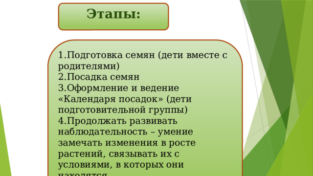 Этапы: 1.Подготовка семян (дети вместе с родителями) 2.Посадка семян 3.Оформление и ведение «Календаря посадок» (дети подготовительной группы) 4.Продолжать развивать наблюдательность – умение замечать изменения в росте растений, связывать их с условиями, в которых они находятся 5.Беседа «Вот что выросло у нас? 
