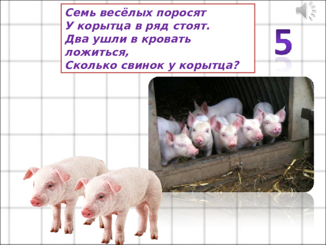 Семь весёлых поросят  У корытца в ряд стоят.  Два ушли в кровать ложиться,  Сколько свинок у корытца? 
