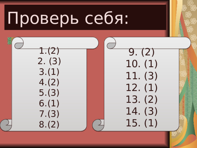 Проверь себя: (2)  (3) (1) (2) (3) (1) (3) (2) 9. (2) 10. (1) 11. (3) 12. (1) 13. (2) 14. (3) 15. (1) 