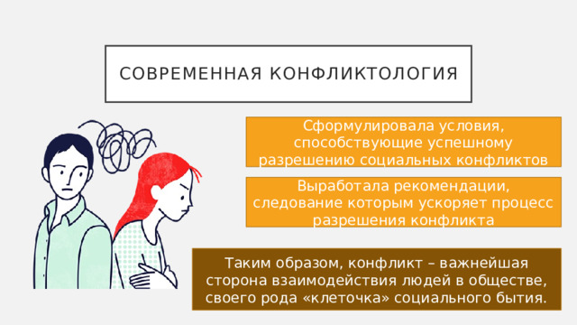 Современная конфликтология Сформулировала условия, способствующие успешному разрешению социальных конфликтов Выработала рекомендации, следование которым ускоряет процесс разрешения конфликта Таким образом, конфликт – важнейшая сторона взаимодействия людей в обществе, своего рода «клеточка» социального бытия. 