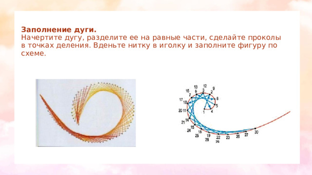 Заполнение дуги.  Начертите дугу, разделите ее на равные части, сделайте проколы в точках деления. Вденьте нитку в иголку и заполните фигуру по схеме. 