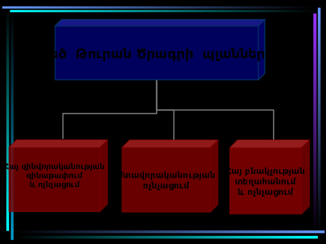 Մեծ Թուրան Ծրագրի պլանները Հայ զինվորականության զինաթափում և ոչնչացում  Մտավորականության ոչնչացում Հայ բնակչության տեղահանում և ոչնչացում 