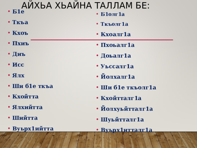 АЙХЬА ХЬАЙНА ТАЛЛАМ БЕ: Б1е Ткъа Кхоъ Пхиъ Диъ Исс Ялх Ши б1е ткъа Кхойтта Ялхийтта Шийтта Вуьрх1ийтта      Б1олг1а Ткъолг1а Кхоалг1а Пхоьалг1а Доьалг1а Уьссалг1а Йолхалг1а Ши б1е ткъолг1а Кхойтталг1а Йолхуьйтталг1а Шуьйтталг1а Вуьрх1итталг1а 