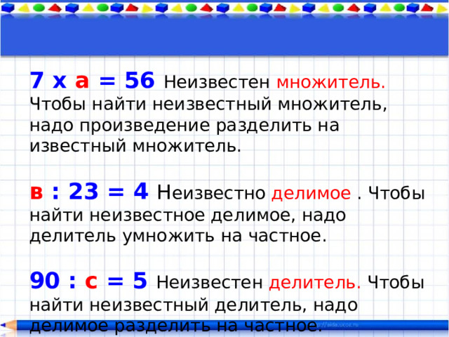 7 x а  = 56 Неизвестен множитель. Чтобы найти неизвестный множитель, надо произведение разделить на известный множитель. в  : 23 = 4 Н еизвестно делимое . Чтобы найти неизвестное делимое, надо делитель умножить на частное. 90 : с  = 5 Неизвестен делитель. Чтобы найти неизвестный делитель, надо делимое разделить на частное. 