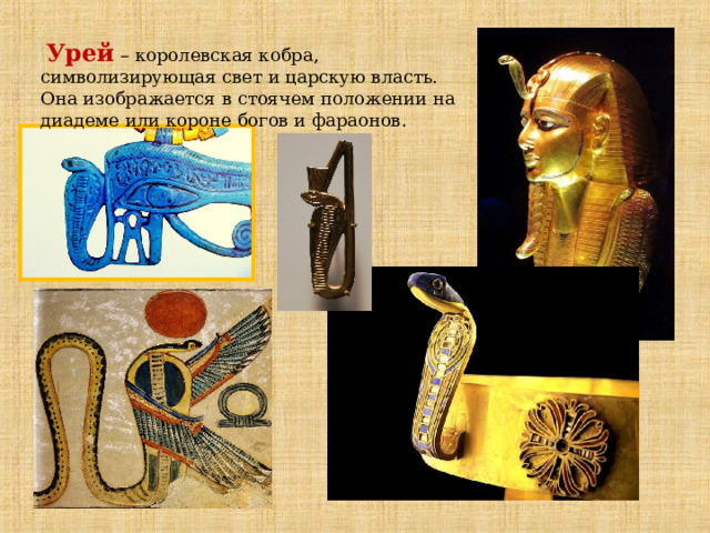  Урей  – королевская кобра, символизирующая свет и царскую власть. Она изображается в стоячем положении на диадеме или короне богов и фараонов. 