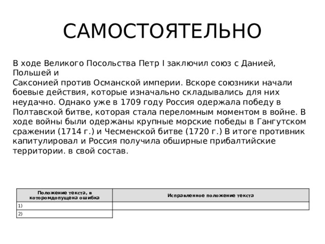 САМОСТОЯТЕЛЬНО   В ходе Великого Посольства Петр I заключил союз с Данией, Польшей и Саксонией против Османской империи. Вскоре союзники начали боевые действия, которые изначально складывались для них неудачно. Однако уже в 1709 году Россия одержала победу в Полтавской битве, которая стала переломным моментом в войне. В ходе войны были одержаны крупные морские победы в Гангутском сражении (1714 г.) и Чесменской битве (1720 г.) В итоге противник капитулировал и Россия получила обширные прибалтийские территории. в свой состав.   Положение текста, в которомдопущена ошибка 1) Исправленное положение текста 2) 