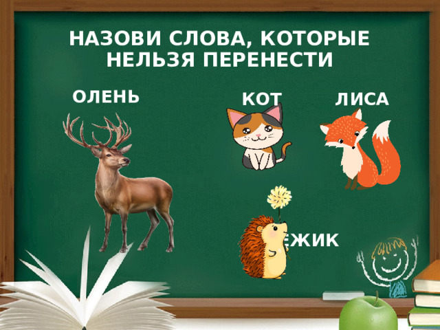 НАЗОВИ СЛОВА, КОТОРЫЕ НЕЛЬЗЯ ПЕРЕНЕСТИ  ОЛЕНЬ  КОТ ЛИСА   ЁЖИК 