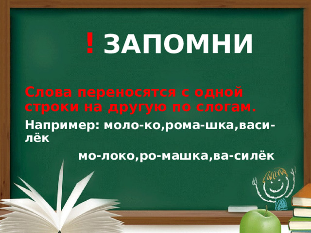  !  ЗАПОМНИ    Слова переносятся с одной строки на другую по слогам. Например: моло-ко,рома-шка,васи-лёк  мо-локо,ро-машка,ва-силёк 
