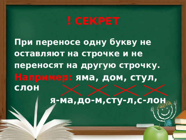 !  СЕКРЕТ При переносе одну букву не оставляют на строчке и не переносят на другую строчку. Например: яма, дом, стул, слон  я-ма,до-м,сту-л,с-лон 