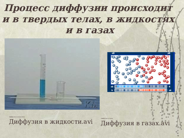 Процесс диффузии происходит и в твердых телах, в жидкостях и в газах Диффузия в жидкостях Диффузия в жидкости.avi Диффузия в газах Диффузия в газах.avi 