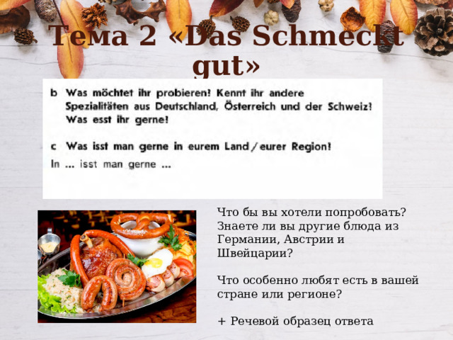 Тема 2 «Das Schmeckt gut» Что бы вы хотели попробовать? Знаете ли вы другие блюда из Германии, Австрии и Швейцарии?   Что особенно любят есть в вашей стране или регионе?   + Речевой образец ответа 
