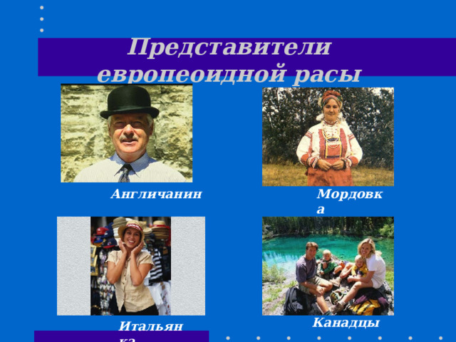 Представители европеоидной расы Англичанин Мордовка Канадцы Итальянка  