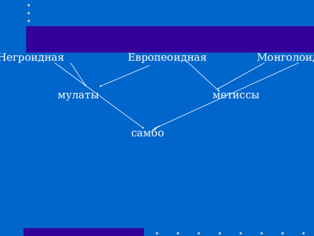 Негроидная Европеоидная Монголоидная  мулаты метиссы  самбо 
