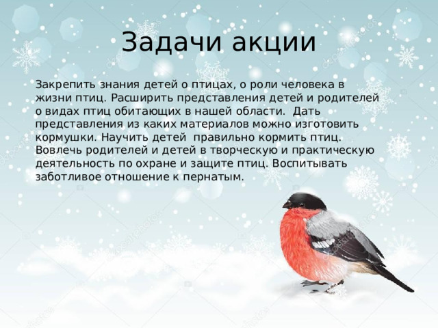 Задачи акции Закрепить знания детей о птицах, о роли человека в жизни птиц. Расширить представления детей и родителей о видах птиц обитающих в нашей области. Дать представления из каких материалов можно изготовить кормушки. Научить детей правильно кормить птиц. Вовлечь родителей и детей в творческую и практическую деятельность по охране и защите птиц. Воспитывать заботливое отношение к пернатым. 