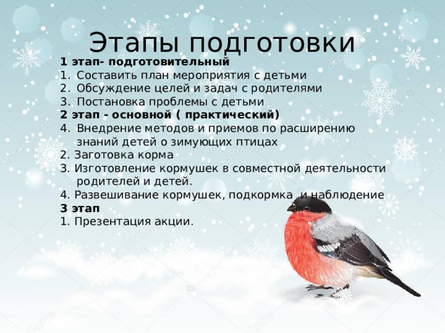 Этапы подготовки 1 этап- подготовительный Составить план мероприятия с детьми Обсуждение целей и задач с родителями Постановка проблемы с детьми 2 этап - основной ( практический) Внедрение методов и приемов по расширению знаний детей о зимующих птицах 2. Заготовка корма 3. Изготовление кормушек в совместной деятельности родителей и детей. 4. Развешивание кормушек, подкормка и наблюдение 3 этап 1. Презентация акции. 