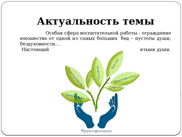 Актуальность темы  Особая сфера воспитательной работы - ограждение юношества от одной из самых больших  бед – пустоты души, бездуховности…  Настоящий  человек начинается там, где есть святыни души. 