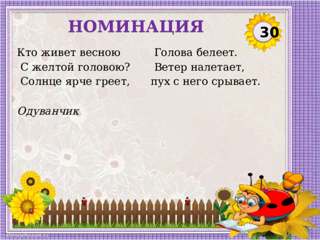 НОМИНАЦИЯ 30 Кто живет весною  С желтой головою?  Голова белеет.  Солнце ярче греет,  Ветер налетает, пух с него срывает. Одуванчик  