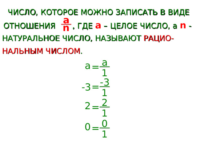 ЧИСЛО, КОТОРОЕ МОЖНО ЗАПИСАТЬ В ВИДЕ a ОТНОШЕНИЯ , ГДЕ a – ЦЕЛОЕ ЧИСЛО, а n - n НАТУРАЛЬНОЕ ЧИСЛО, НАЗЫВАЮТ РАЦИО- НАЛЬНЫМ ЧИСЛОМ . a a = 1 -3 = -3 1 2 2 = 1 0 0 = 1  