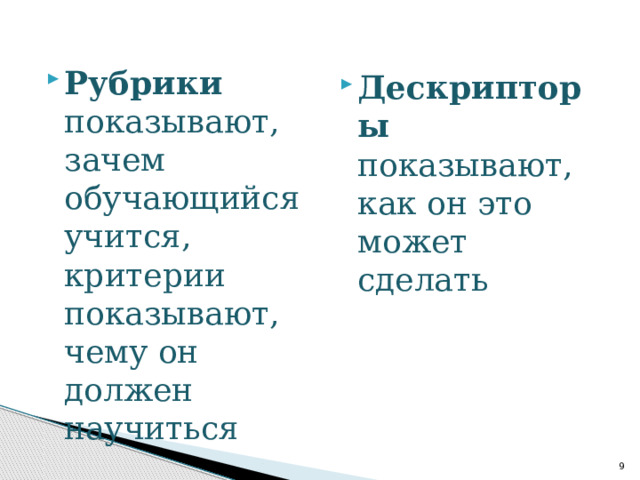 Рубрики показывают, зачем обучающийся учится, критерии показывают, чему он должен научиться Дескрипторы показывают, как он это может сделать  