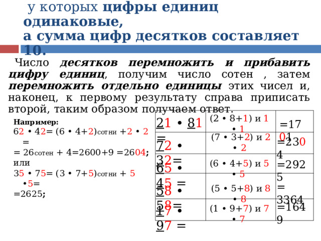 Умножение двузначных чисел ,  у которых цифры единиц одинаковые,  а сумма цифр десятков составляет 10. Число десятков перемножить и прибавить цифру единиц , получим число сотен , затем перемножить отдельно единицы этих чисел и, наконец, к первому результату справа приписать второй, таким образом получаем ответ. 2 1 • 8 1 = Например: 6 2 • 4 2 =  (6  • 4+ 2 ) сотни + 2 • 2 = = 26 сотен + 4=2600+9 =26 04 ; или 3 5 • 7 5 =  (3  • 7+ 5 ) сотни + 5 • 5 = =2625 ;  =17 0 1 (2 • 8+ 1 ) и 1 • 1 =23 0 4 (7 • 3+ 2 ) и 2 • 2 7 2 • 3 2 = (6 • 4+ 5 ) и 5 • 5 =2925 6 5 • 4 5 = = 3364 5 8 • 5 8 = (5 • 5+ 8 ) и 8 • 8 =1649 (1 • 9+ 7 ) и 7 • 7 1 7 • 9 7 =  