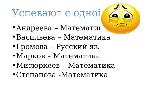 Успевают с одной 3 Андреева – Математика Васильева – Математика Громова – Русский яз. Марков – Математика Мисюркеев – Математика Степанова -Математика 