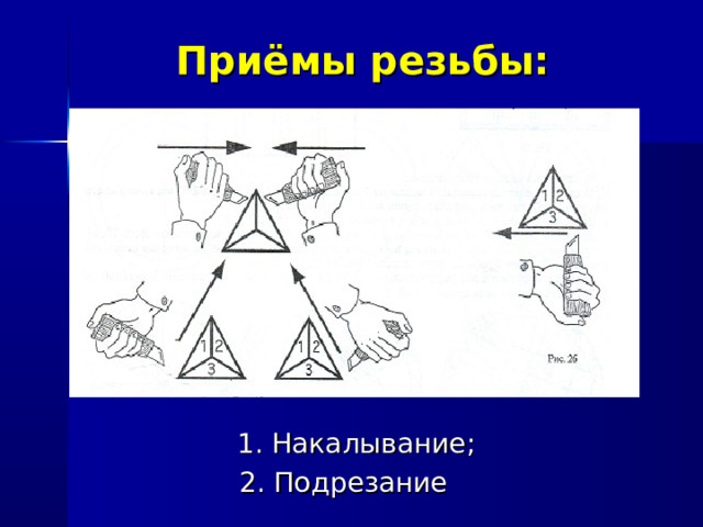 Приёмы резьбы:  1. Накалывание; 2. Подрезание 