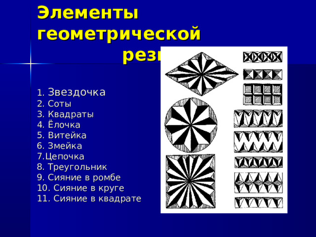       Элементы геометрической резьбы:   1. Звездочка  2. Соты  3. Квадраты  4. Ёлочка  5. Витейка  6. Змейка  7.Цепочка  8. Треугольник  9. Сияние в ромбе  10. Сияние в круге  11. Сияние в квадрате 