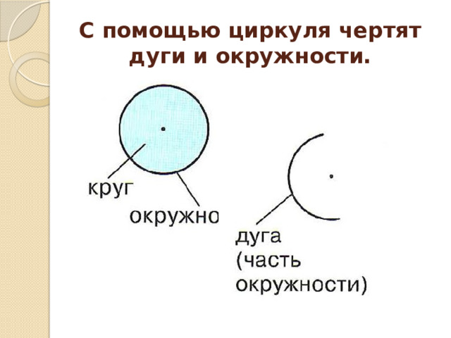 С помощью циркуля чертят дуги и окружности. 