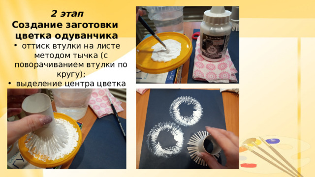 2 этап Создание заготовки цветка одуванчика оттиск втулки на листе методом тычка (с поворачиванием втулки по кругу); выделение центра цветка На 2 этапе урока важно показать, как развести краску в блюдце и как правильно выполнить отпечаток на бумаге, последовательно прикладывая окрашенную часть втулки методом тычка, при этом поворачивать втулку вокруг своей оси. Не стоит стремиться покрывать лист сплошным слоем белой краски, необходимо оставить воздушное пространство между лепесточками одуванчика.  