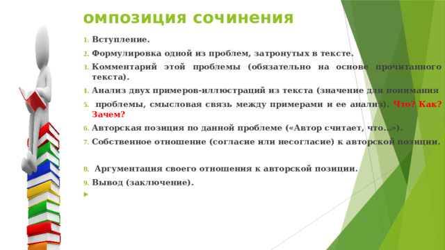 Композиция сочинения Вступление. Формулировка одной из проблем, затронутых в тексте. Комментарий этой проблемы (обязательно на основе прочитанного текста). Анализ двух примеров-иллюстраций из текста (значение для понимания  проблемы, смысловая связь между примерами и ее анализ). Что? Как? Зачем? Авторская позиция по данной проблеме («Автор считает, что…»). Собственное отношение (согласие или несогласие) к авторской позиции.   Аргументация своего отношения к авторской позиции. Вывод (заключение).   