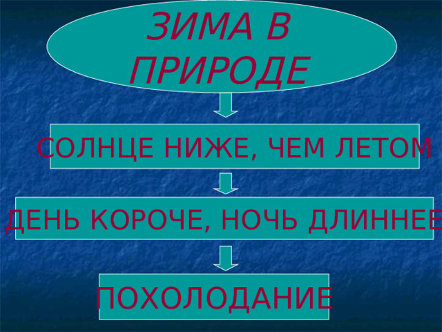 ЗИМА В ПРИРОДЕ СОЛНЦЕ НИЖЕ, ЧЕМ ЛЕТОМ ДЕНЬ КОРОЧЕ, НОЧЬ ДЛИННЕЕ ПОХОЛОДАНИЕ 
