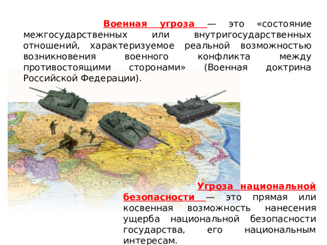  Военная угроза — это «состояние межгосударственных или внутригосударственных отношений, характеризуемое реальной возможностью возникновения военного конфликта между противостоящими сторонами» (Военная доктрина Российской Федерации).     Угроза национальной безопасности — это прямая или косвенная возможность нанесения ущерба национальной безопасности государства, его национальным интересам. 