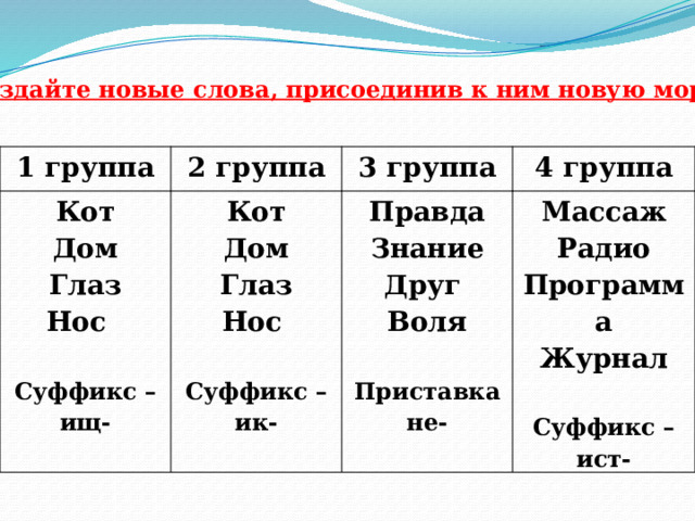Создайте новые слова, присоединив к ним новую морфему. 1 группа Кот 2 группа Кот Дом 3 группа Дом Глаз 4 группа Правда Нос Массаж Глаз Знание Нос Радио  Друг Программа  Воля Суффикс –ищ- Журнал Суффикс –ик-  Приставка не-  Суффикс – ист- 
