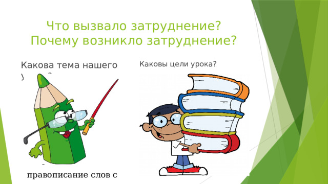 Что вызвало затруднение?  Почему возникло затруднение? Какова тема нашего урока ? Каковы цели урока? Выяснить условия, когда в корне с чередованием пишется Е, а когда И. Определить корни, в которых может встретиться чередование Е-И. Научиться правильно писать слова, где есть чередование гласных. Познакомиться с правописанием корней с чередованием гласных е – и в корнях, объяснить правописание слов с чередованиями. 