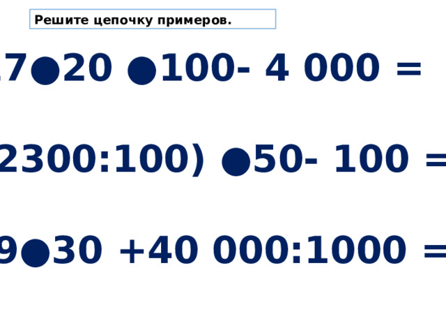 Решите цепочку примеров. 17●20 ●100- 4 000 = (2300:100) ●50- 100 = 19●30 +40 000:1000 = 