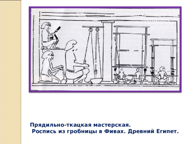 Прядильно-ткацкая мастерская.  Роспись из гробницы в Фивах. Древний Египет. 