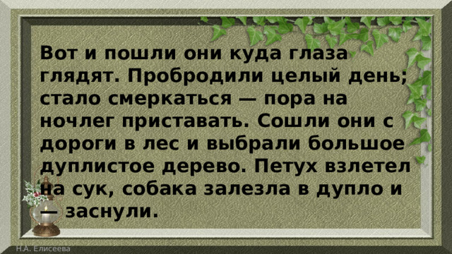 Вот и пошли они куда глаза глядят. Пробродили целый день; стало смеркаться — пора на ночлег приставать. Сошли они с дороги в лес и выбрали большое дуплистое дерево. Петух взлетел на сук, собака залезла в дупло и — заснули. 