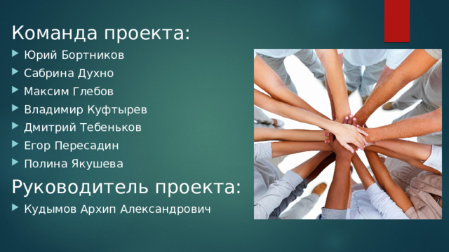 Команда проекта: Юрий Бортников Сабрина Духно Максим Глебов Владимир Куфтырев Дмитрий Тебеньков Егор Пересадин Полина Якушева Руководитель проекта: Кудымов Архип Александрович 