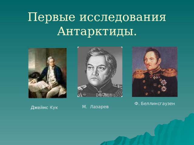 Первые исследования Антарктиды.  Ф. Беллинсгаузен М. Лазарев 